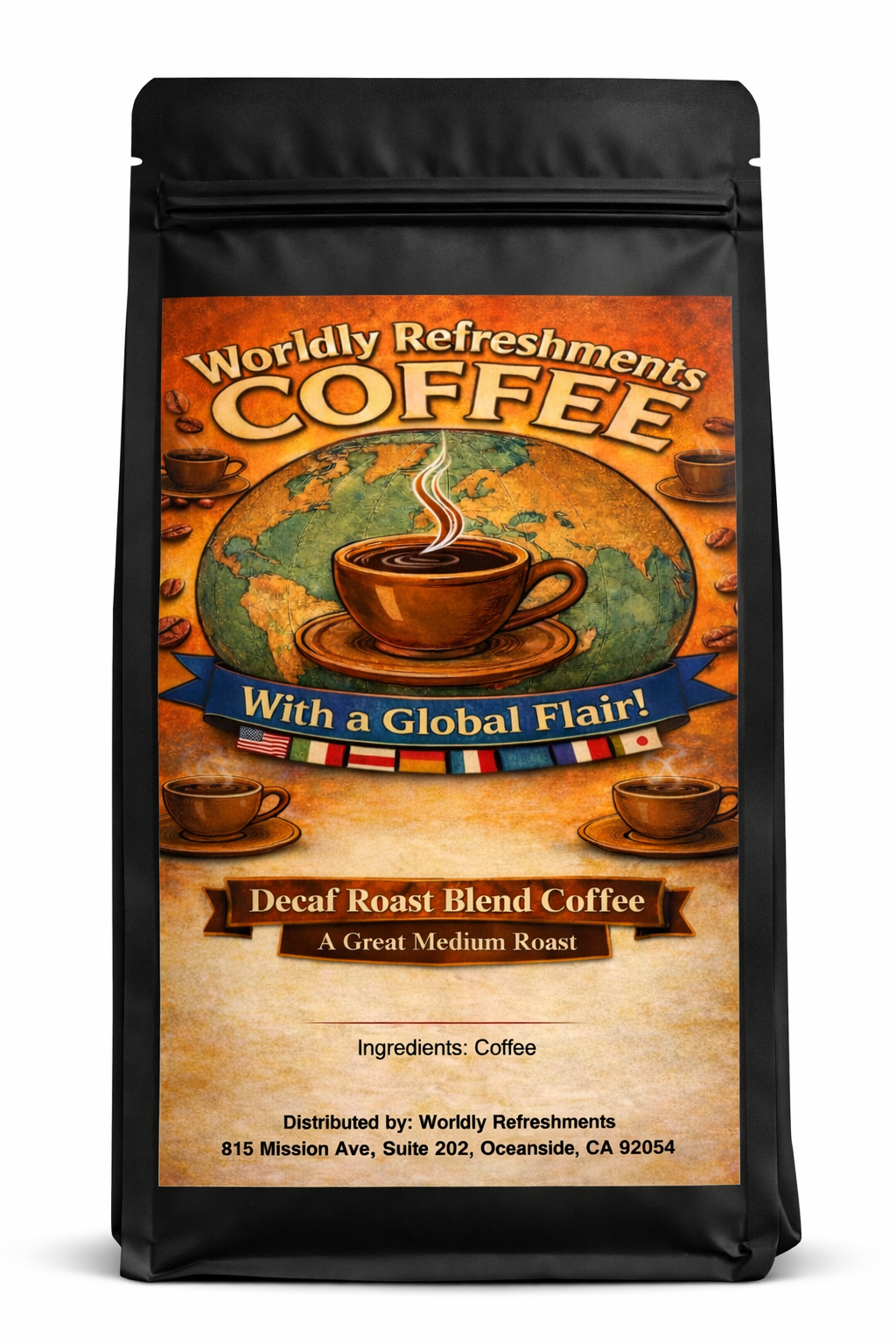 Decaf Coffee, medium roast coffee from Worldly Refreshments