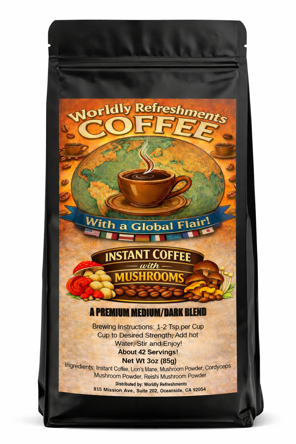 Instant Coffee with MUSHROOMS, medium/dark roast from Worldly Refreshments